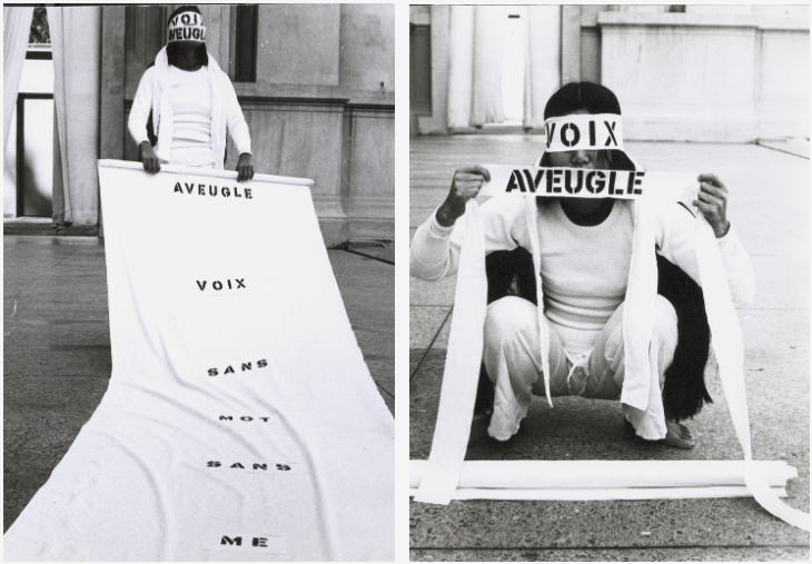 <눈먼 목소리>, 1975(퍼포먼스: 샌프란시스코, 1975), 흑백 사진 인화(Documentation 8 black and white photographs), 6.75 x 9.5 inch © 캘리포니아대학교 버클리미술관 및 퍼시픽 필름 아카이브 제공